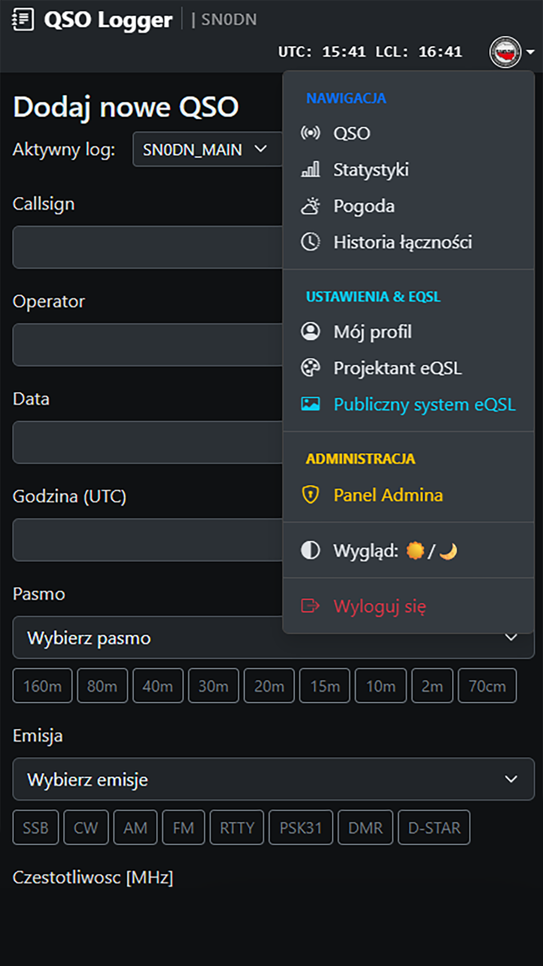 QSOLog4 Mobile — Menu